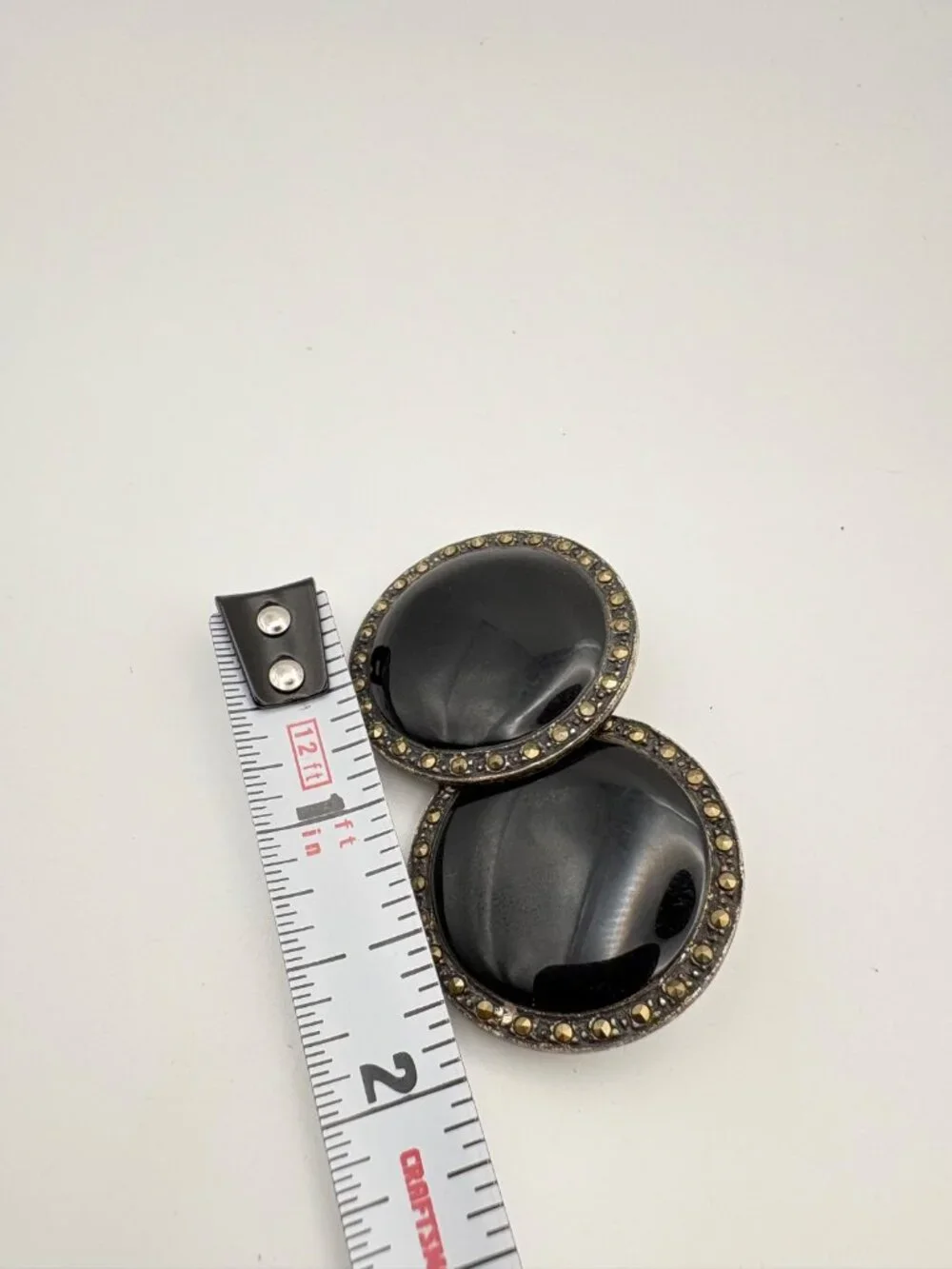 Vintage 925 Sterling Silver Black Onyx Onyx Marcasite Round Clip On Earrings